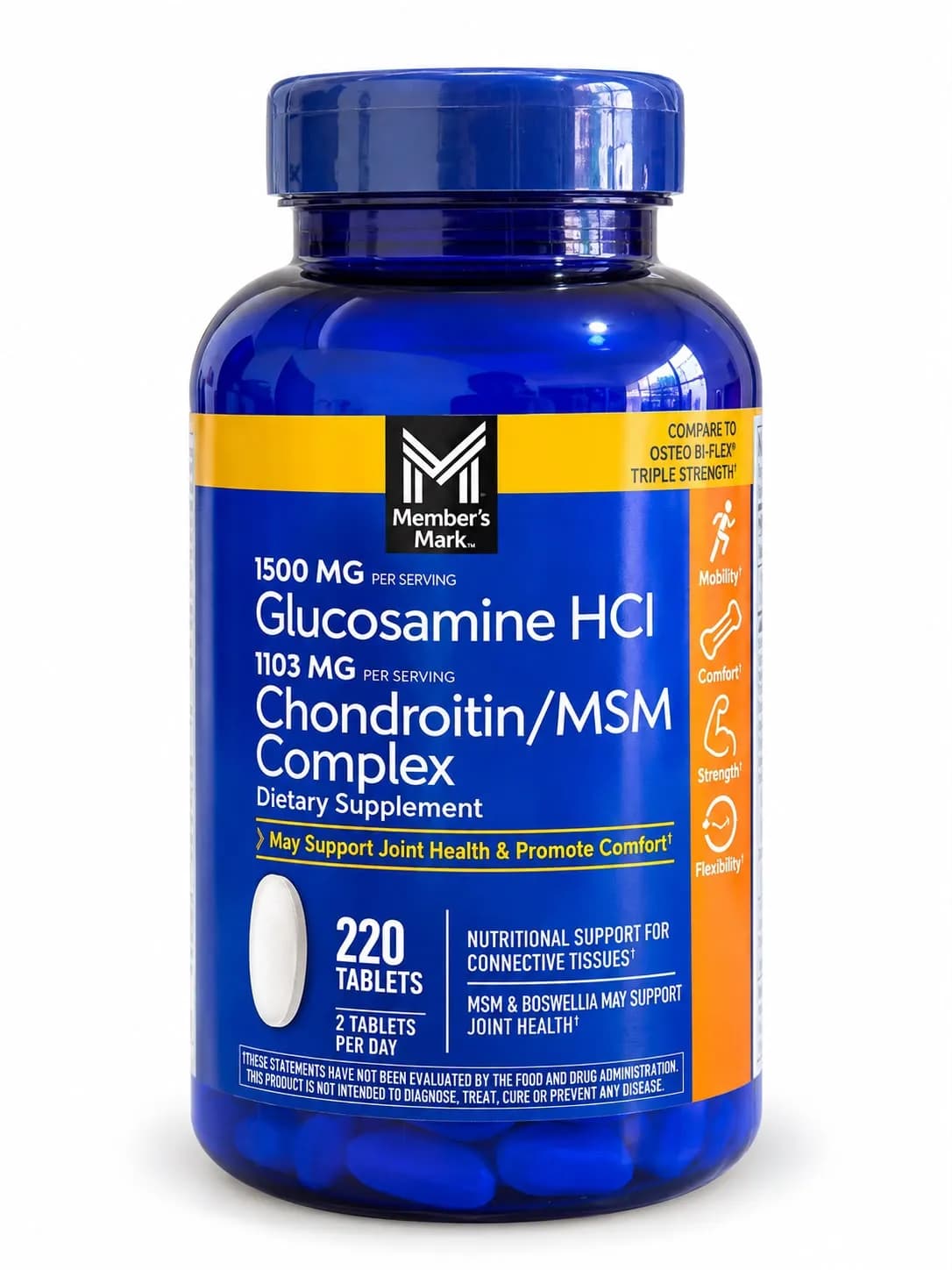 Glucosamina HCl + Complejo de Condroitina/MSM – Member’s Mark – 1500 mg + 1103 mg – 220 Tabletas
