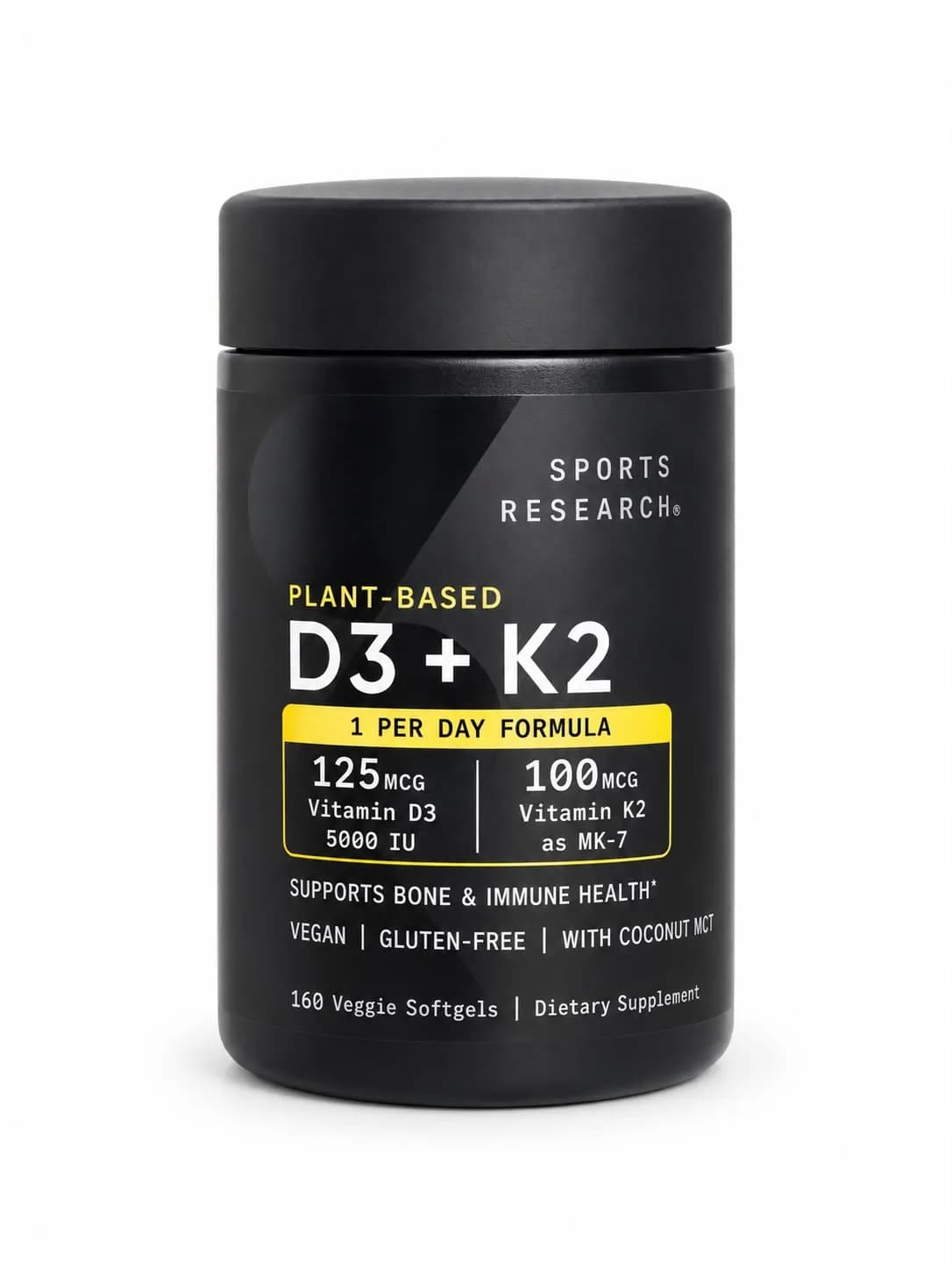 D3 + K2 – Sports Research – 125 mcg D3 + 100 mcg K2 – 160 Veggie Softgels