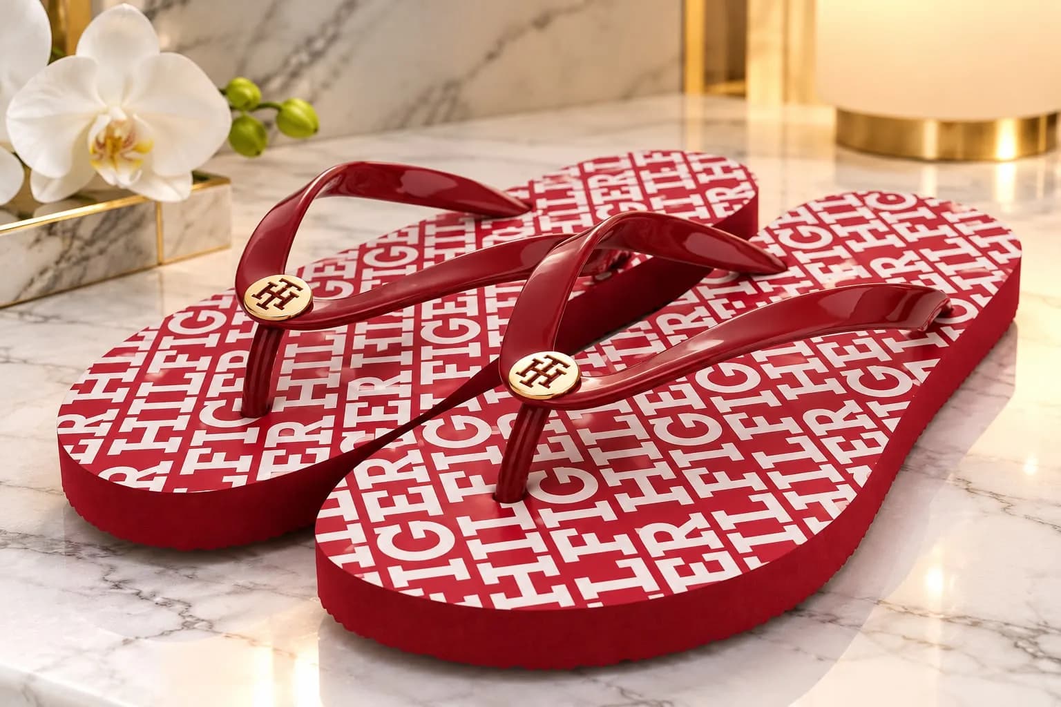 Sandalias planas para dama Tommy Hilfiger – Rojo con monograma TH