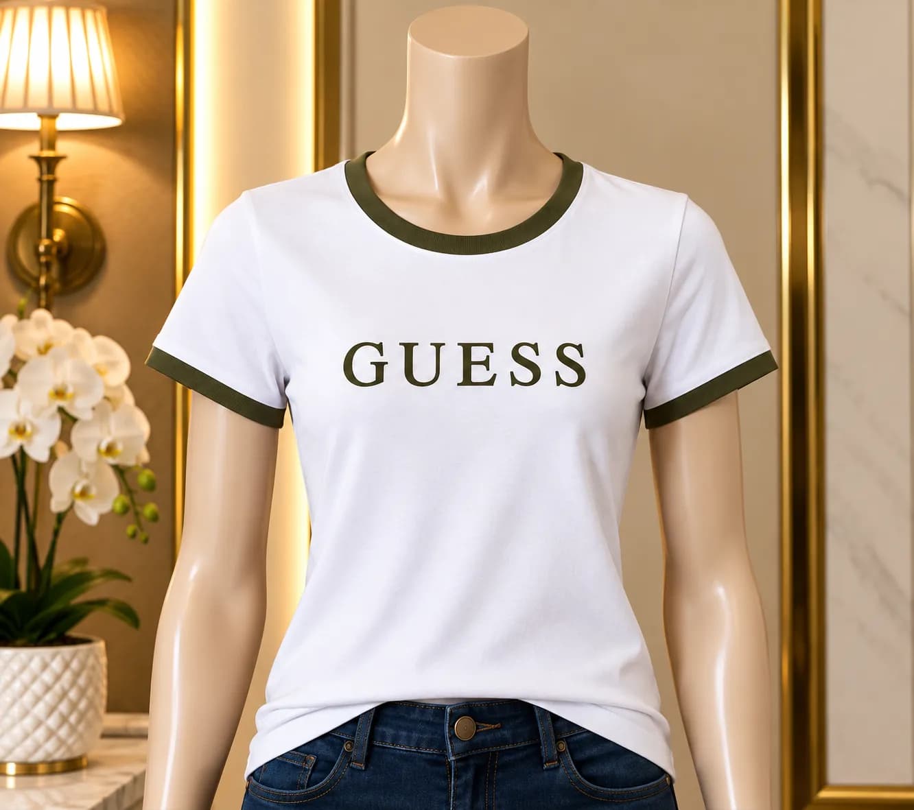 Blusa Guess Blanca con Detalles Verde Olivo