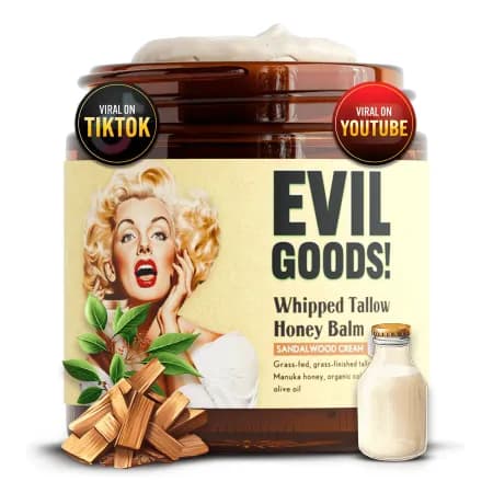 Bálsamo de sebo batido y miel de manuka EVIL GOODS 118 ml Crema de sándalo – Hidratante facial natural Loción corporal y bálsamo labial para piel seca y sensible