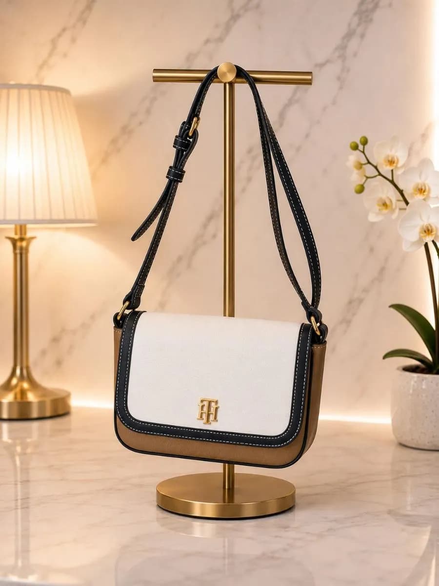 Crossbody Tommy Hilfiger Blanco y Café, Detalles en Azul Marino, Strap Formal