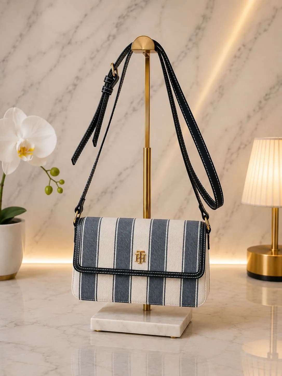 Crossbody Tommy Hilfiger Azul Marino y Blanco con Textura Tipo Lona y Strap Formal