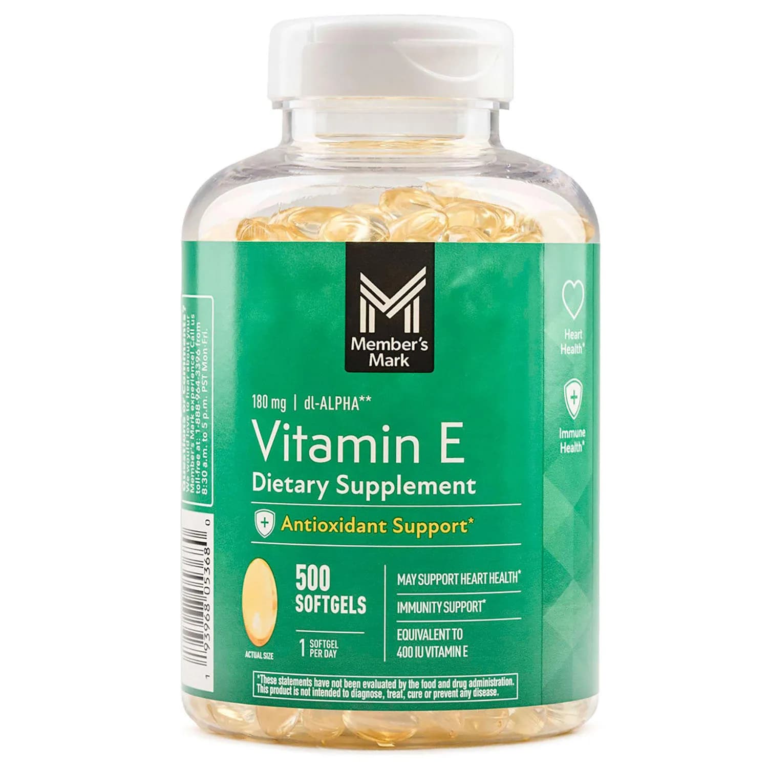 Cápsulas blandas de vitamina E Member's Mark, 180 mg, 500 unidades.
