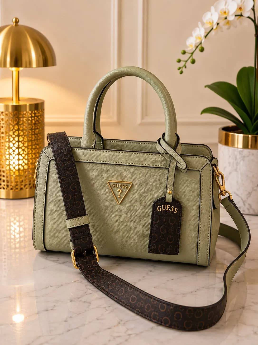 Crossbody Guess Verde Claro con Strap Formal Color Cafe y Charms Color Cafe
