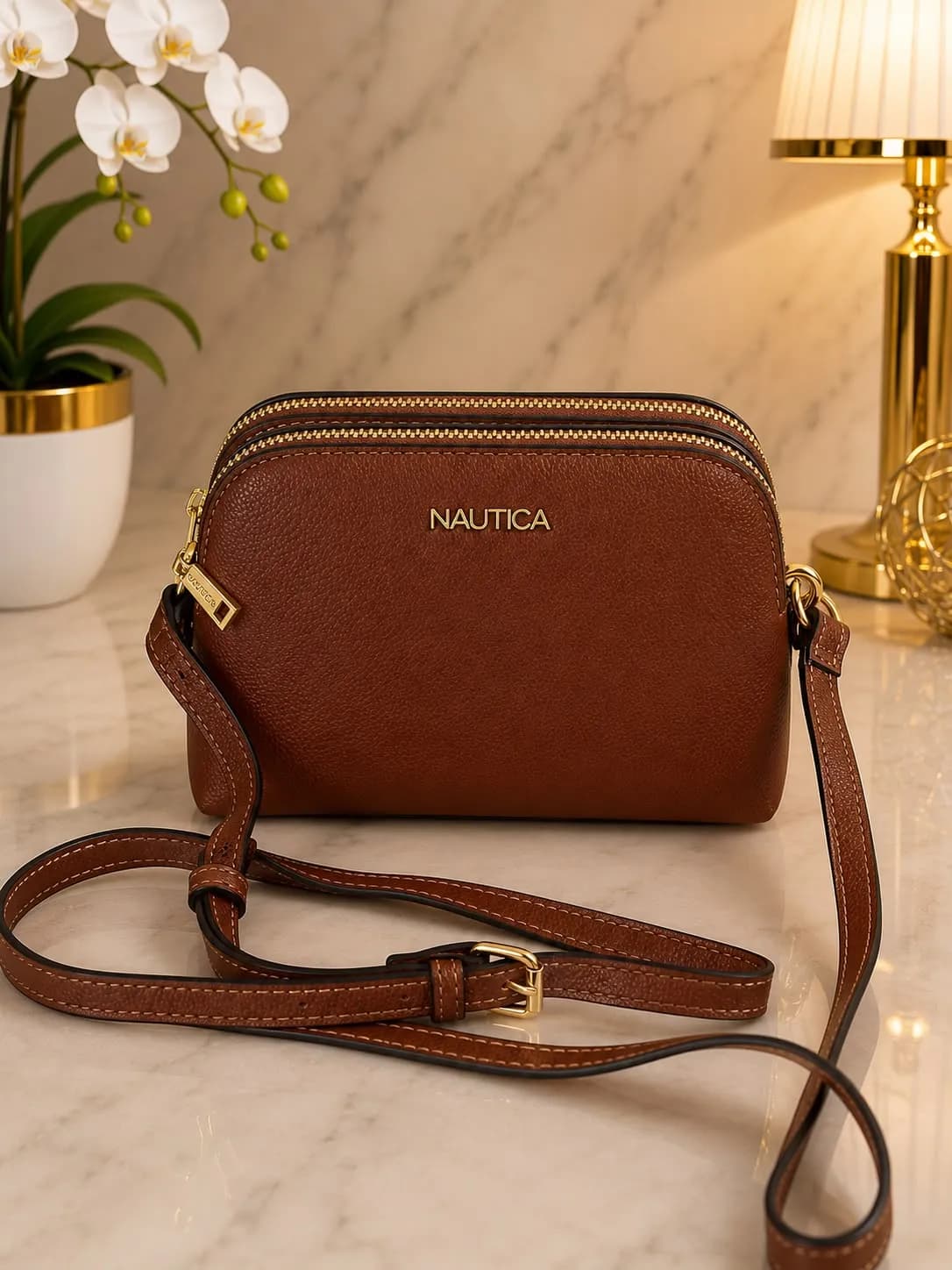 Crossbody Nautica Doble Zipper Color Cafe Strapp Formal