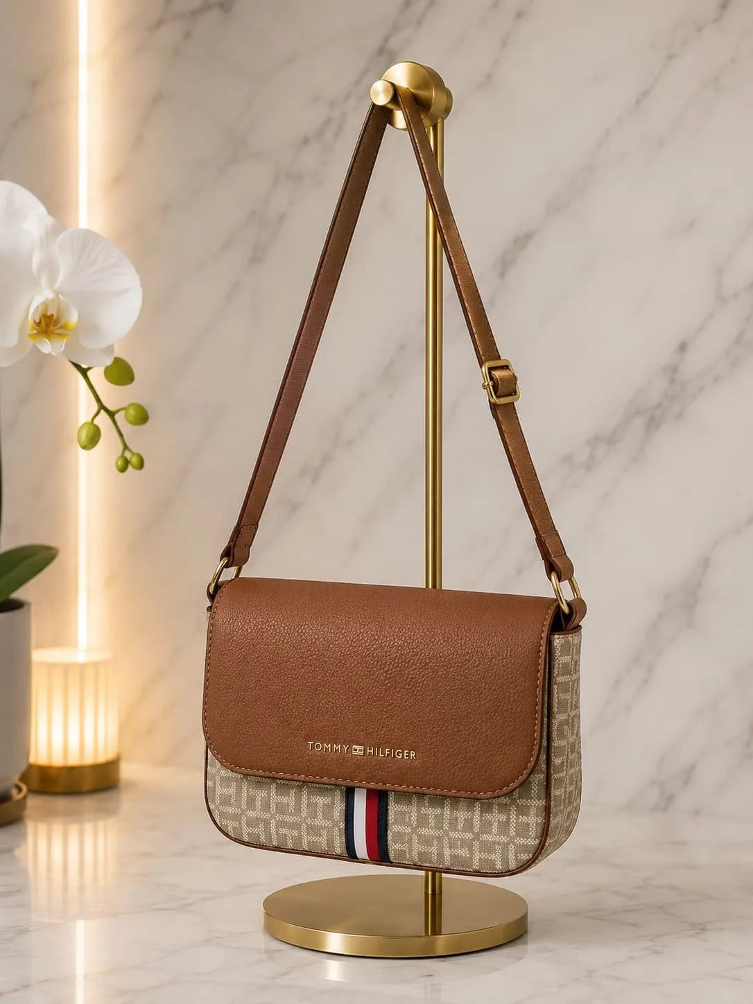 Crossbody Tommy Hilfiger Café con Monograma y Strap Formal